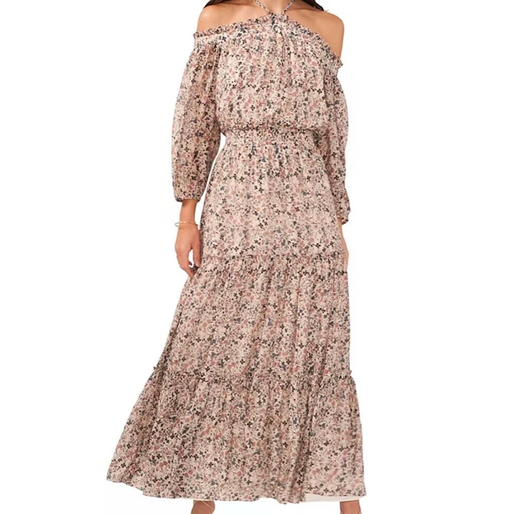 1.State Floral Cold Shoulder Halter Maxi Dress, Boho, Western, Beach, Spring